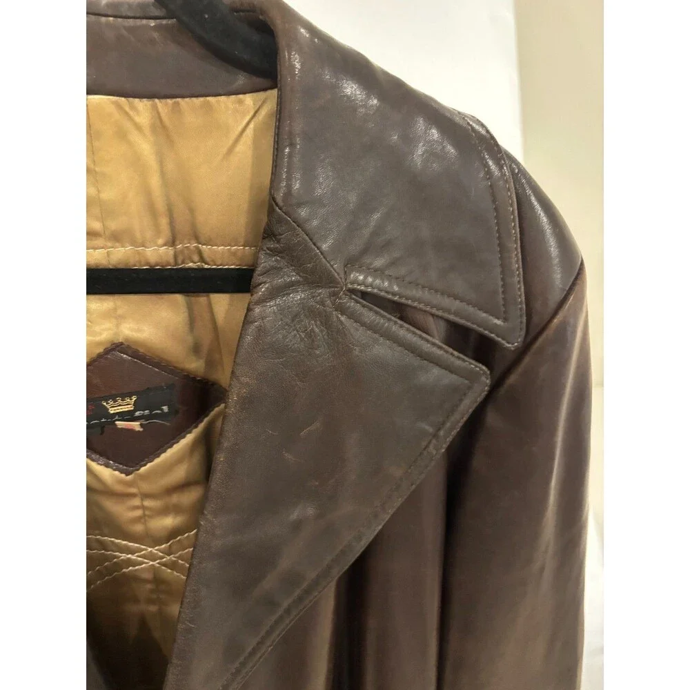 Vintage Spanish Soft Glove Leather Trench Coat Rich Brown Lined Belted Buttons - Picture 3 of 11